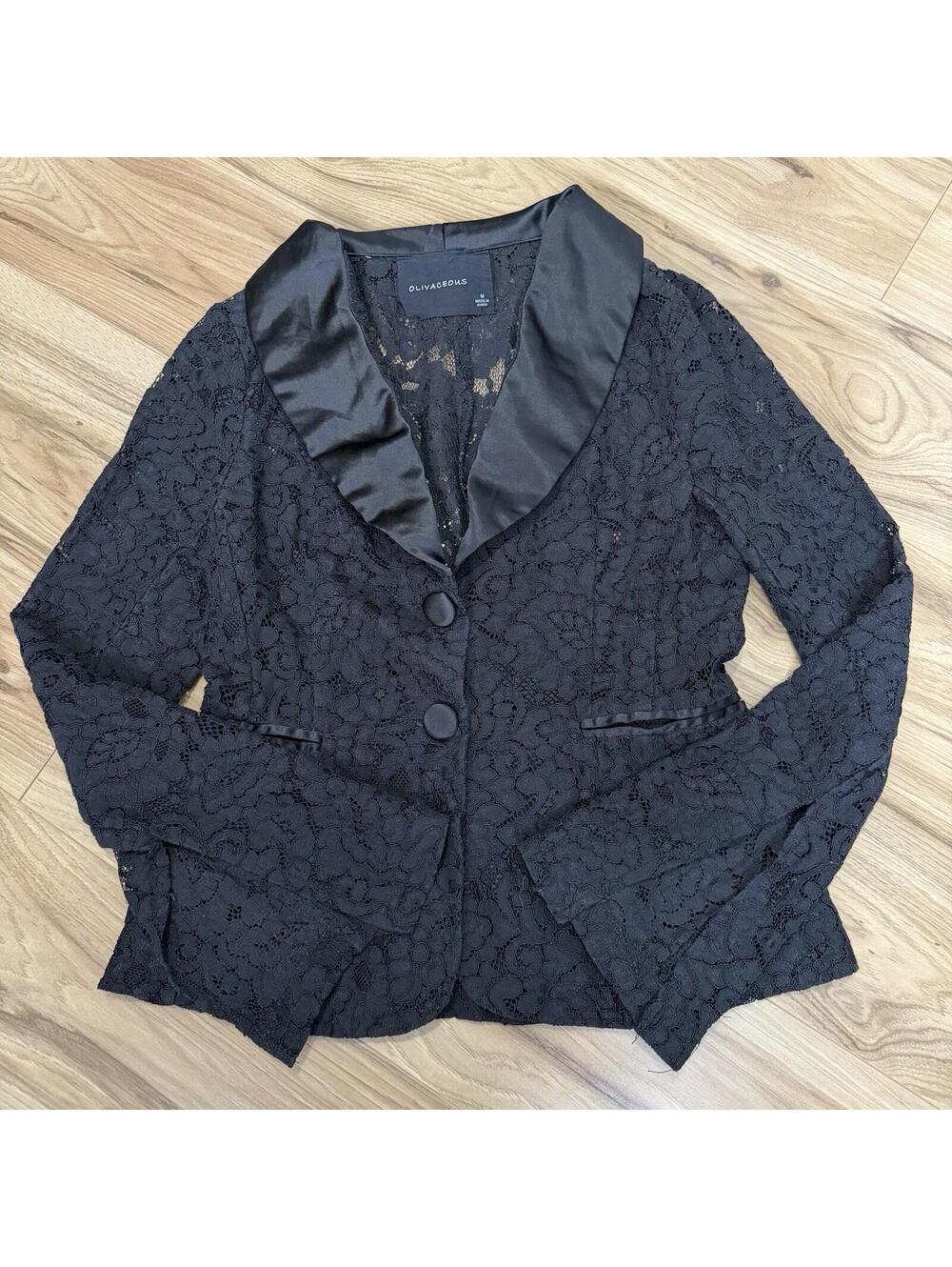 Olivaceous Black Lace Blazer Satin Lapel 2-Button Whimsigoth Dark Academia M